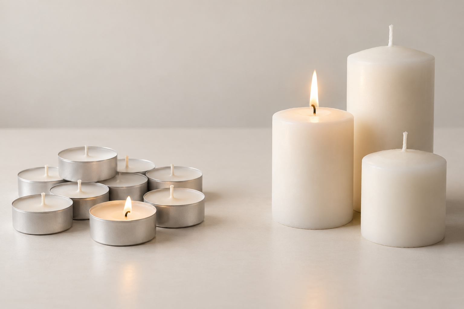 Illustrative white tea light candles in aluminium cups