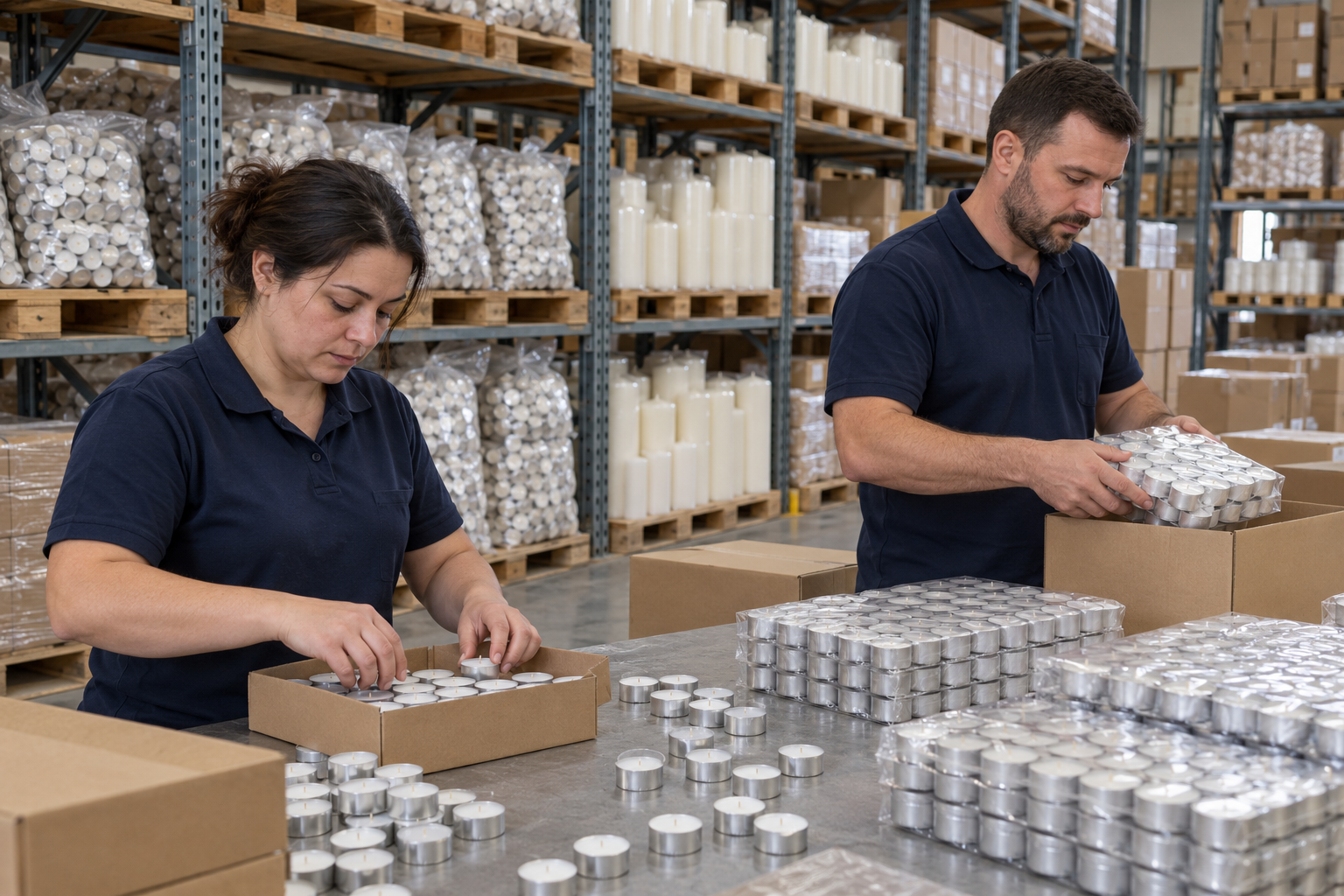 AI-generated illustrative Bulk candles warehouse scene with staff checking and packing inventory