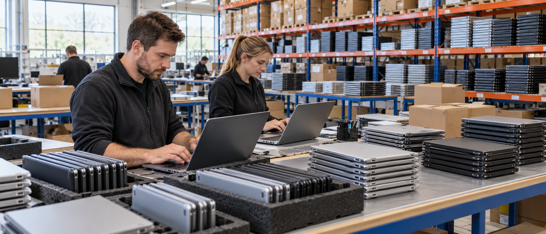AI-generated illustration of staff inspecting laptops with bulk laptop inventory on warehouse shelves