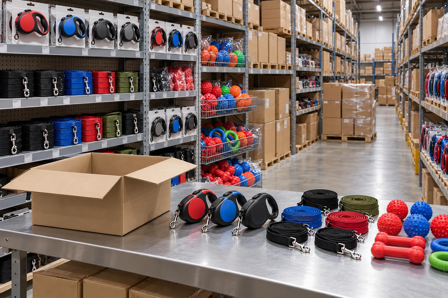 AI-generated illustrative Pet toys & dog leads warehouse scene with staff checking and packing inventory