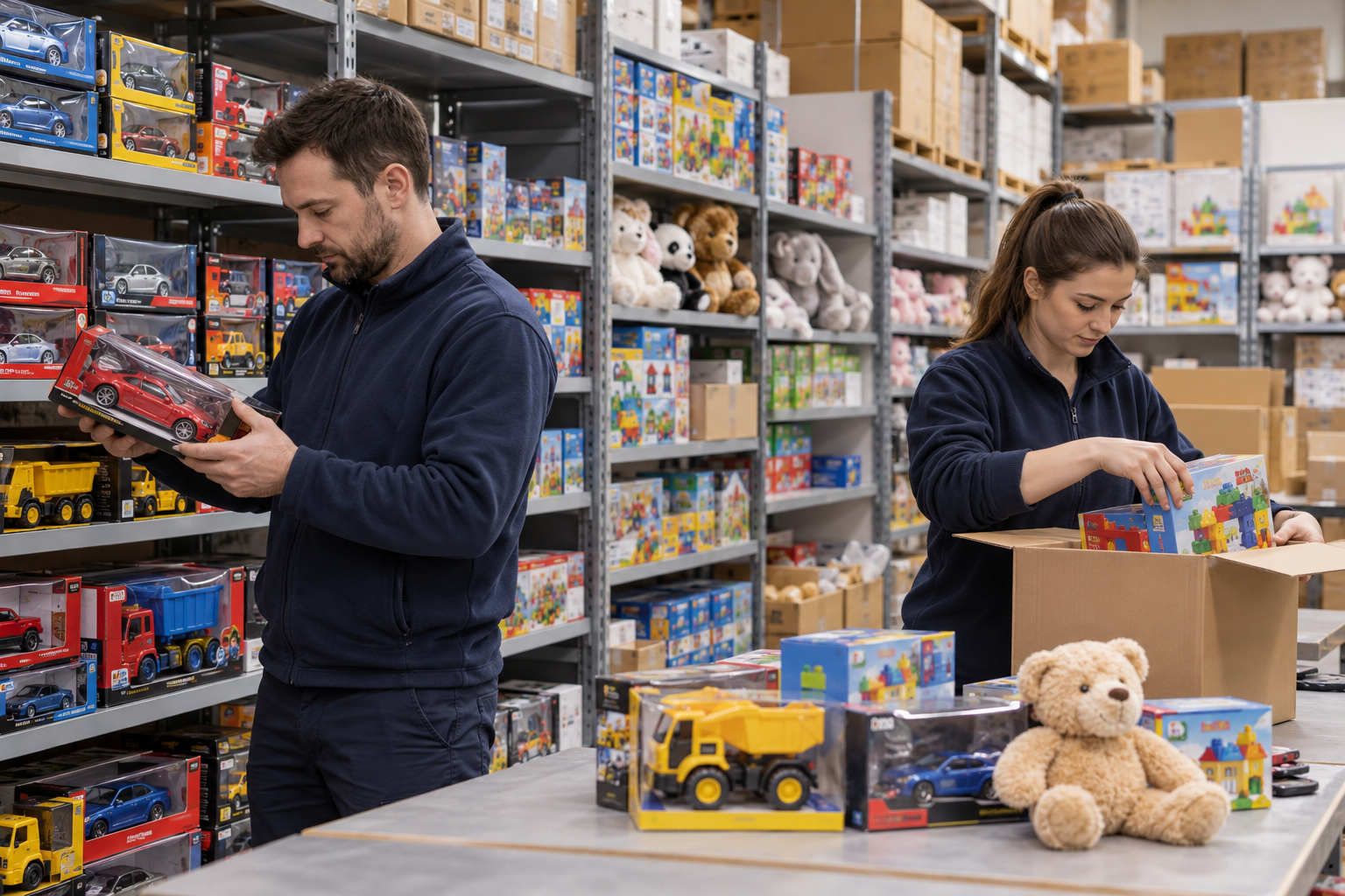AI-generated illustrative Children’s toys warehouse scene with staff checking and packing inventory