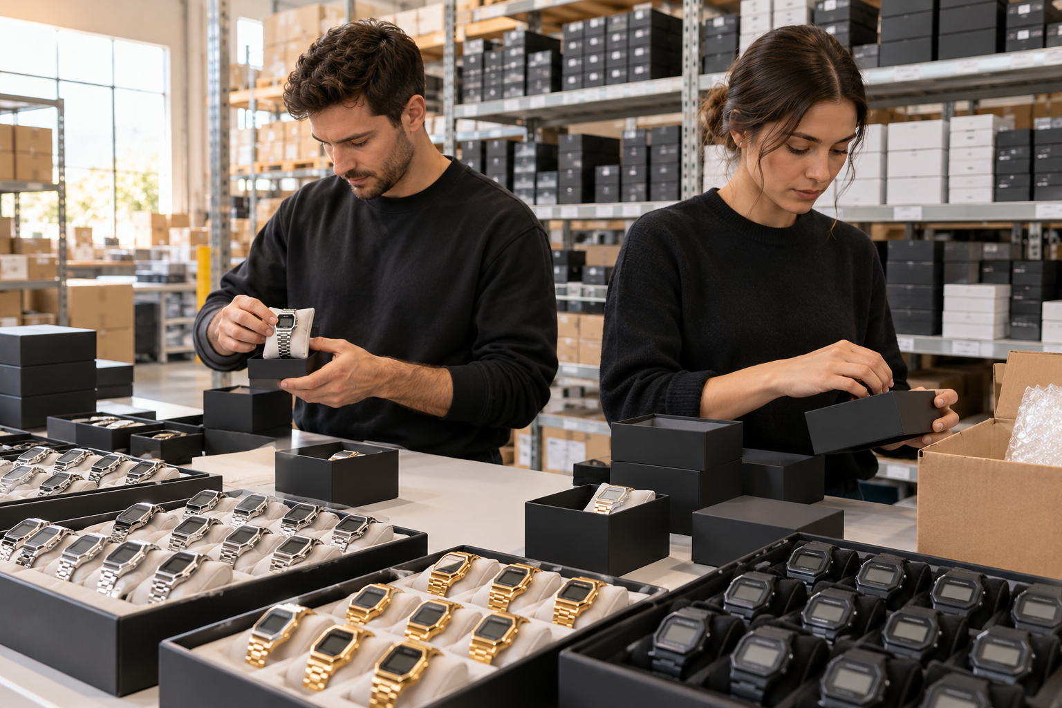 Illustrative wholesale watch department with staff checking and packing watches