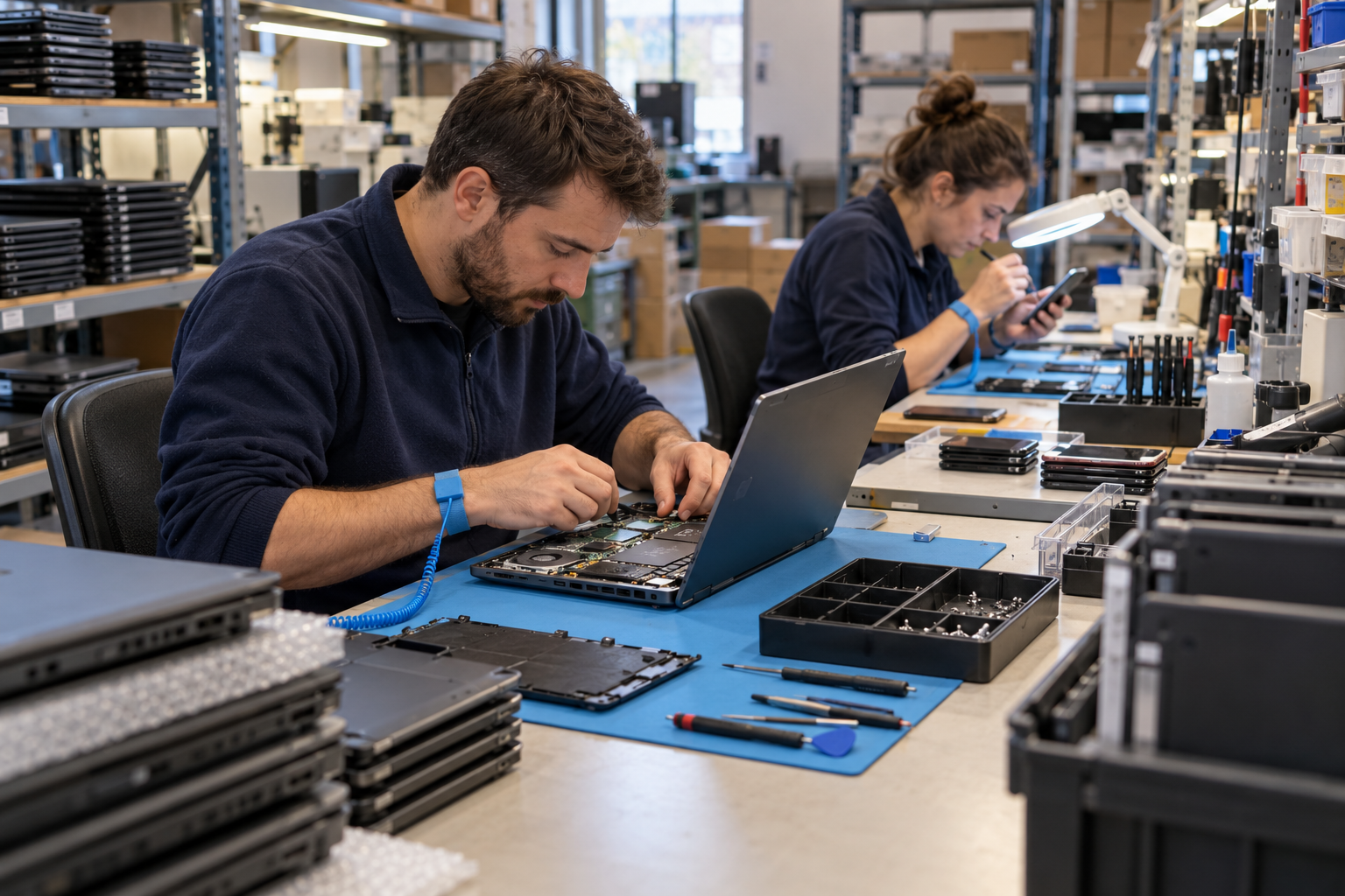 AI-generated illustration of technicians servicing a laptop and inspecting a mobile phone in an electronics workshop